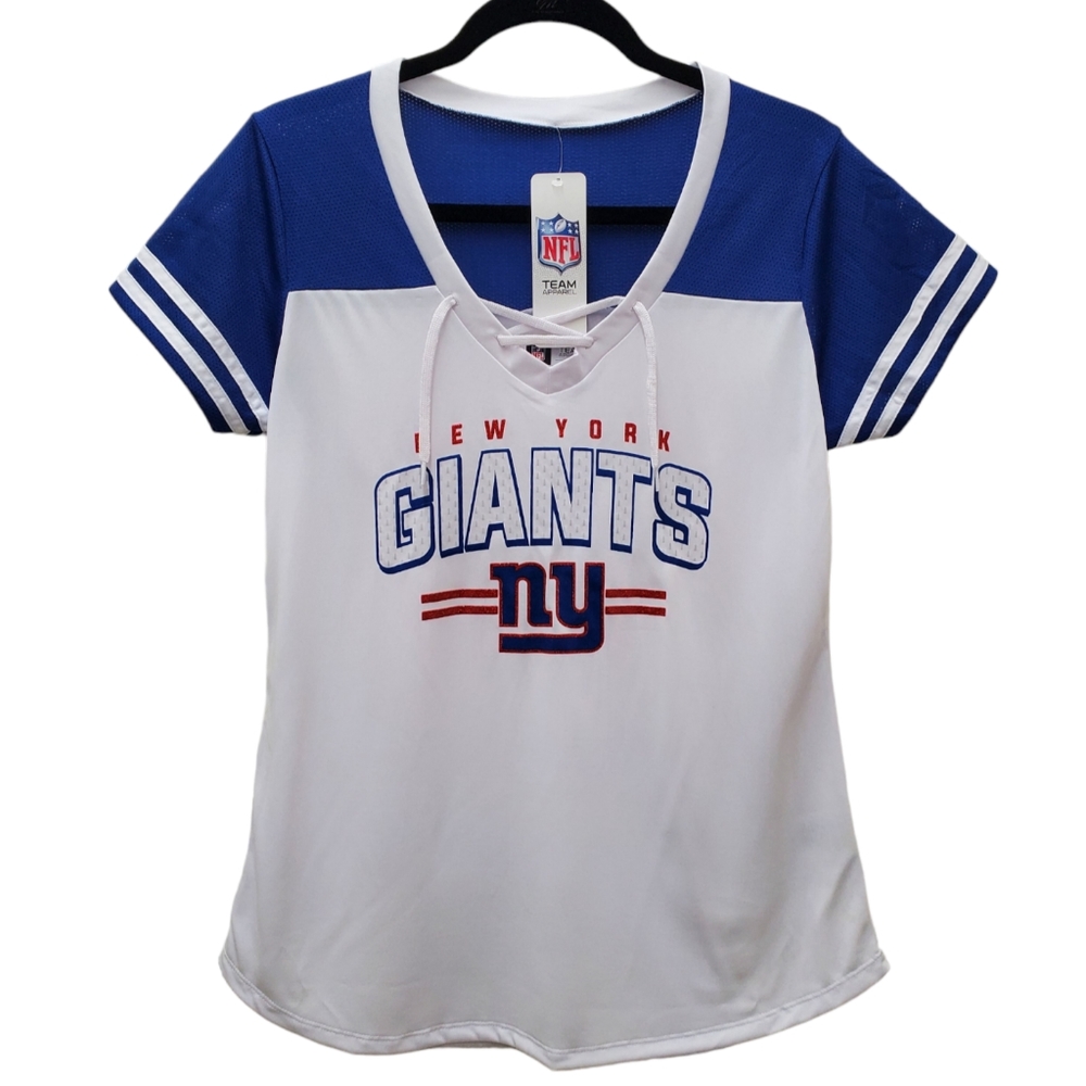 NWT NFL Team Apparel New York Giants Top V-neck Lace Up Shortsleeve White Sz L
